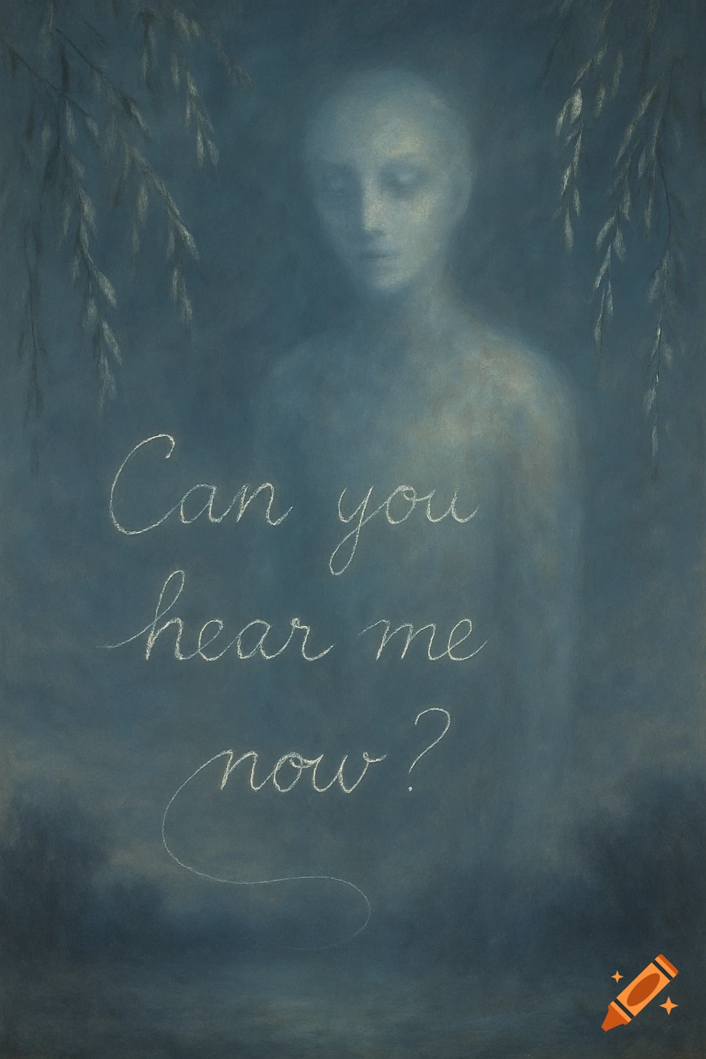 A ghostly, ethereal figure with closed eyes in a blue mist, with white cursive text reading "Can you hear me now?". Soft, painterly style.