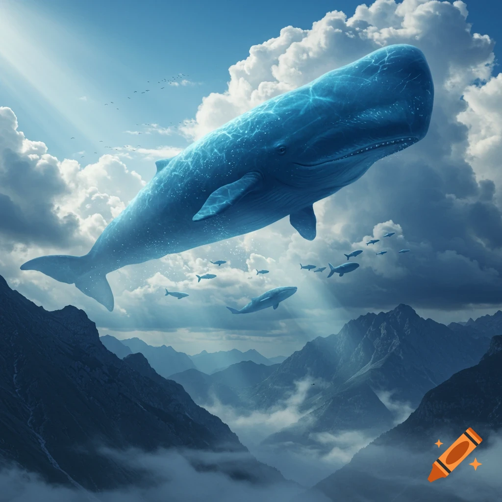 A giant blue whale swims through a cloudy sky above majestic, mist-covered mountains, with smaller fish accompanying it.