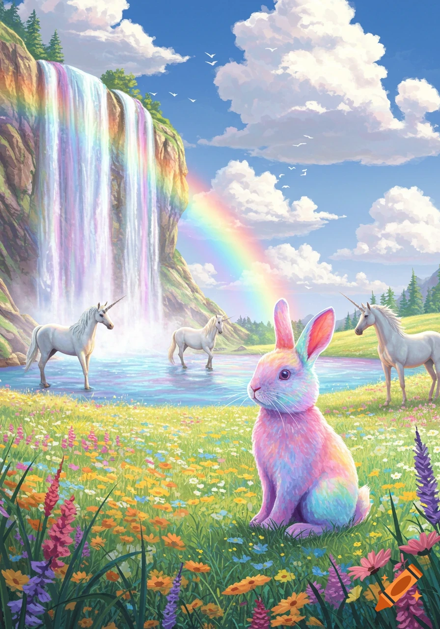 A vibrant illustration of a rainbow rabbit sitting in a field of colorful flowers, with a rainbow waterfall and unicorns in the background.