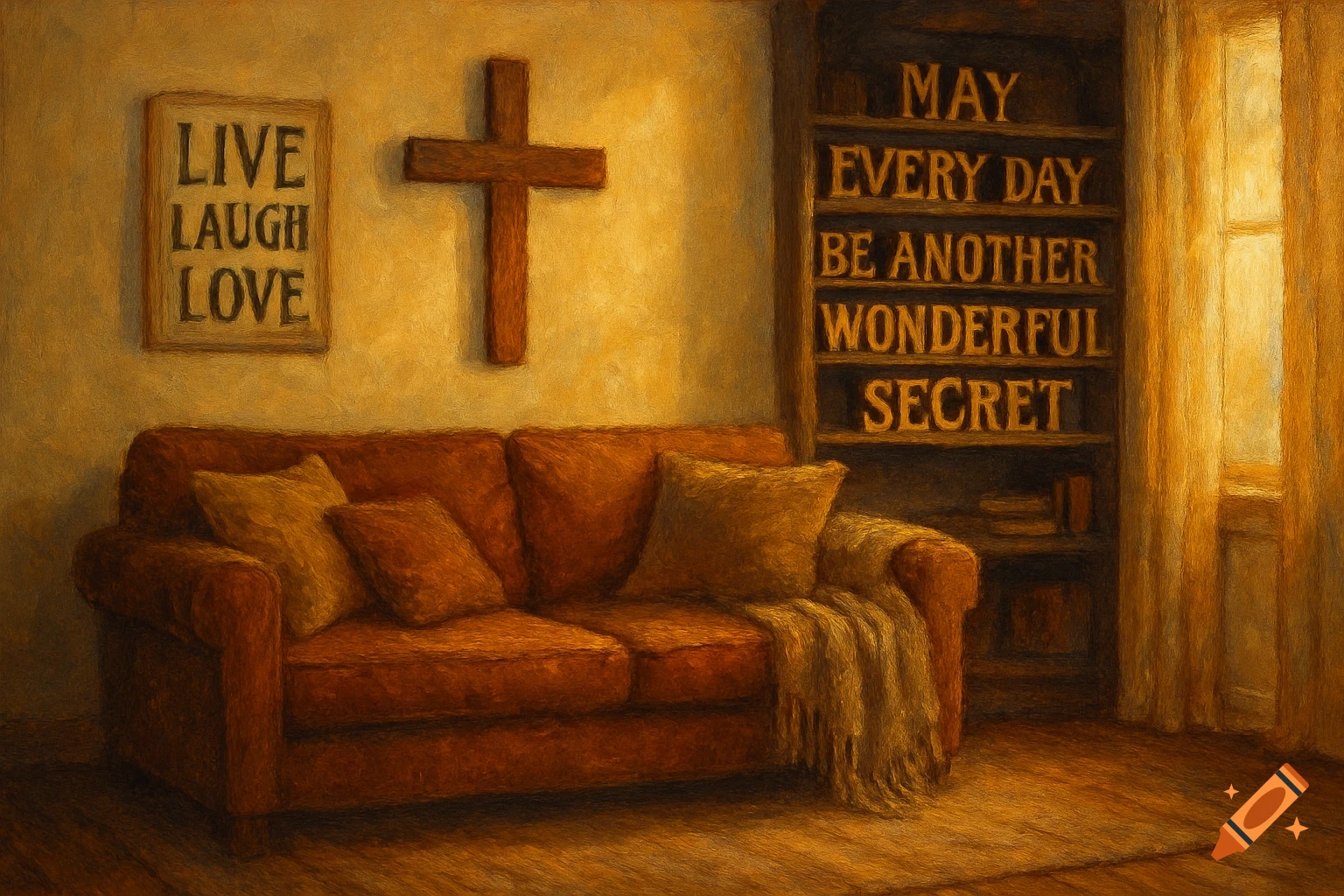 A painterly interior of a living room with a couch, a cross on the wall, a 'Live Laugh Love' sign, and a bookshelf.