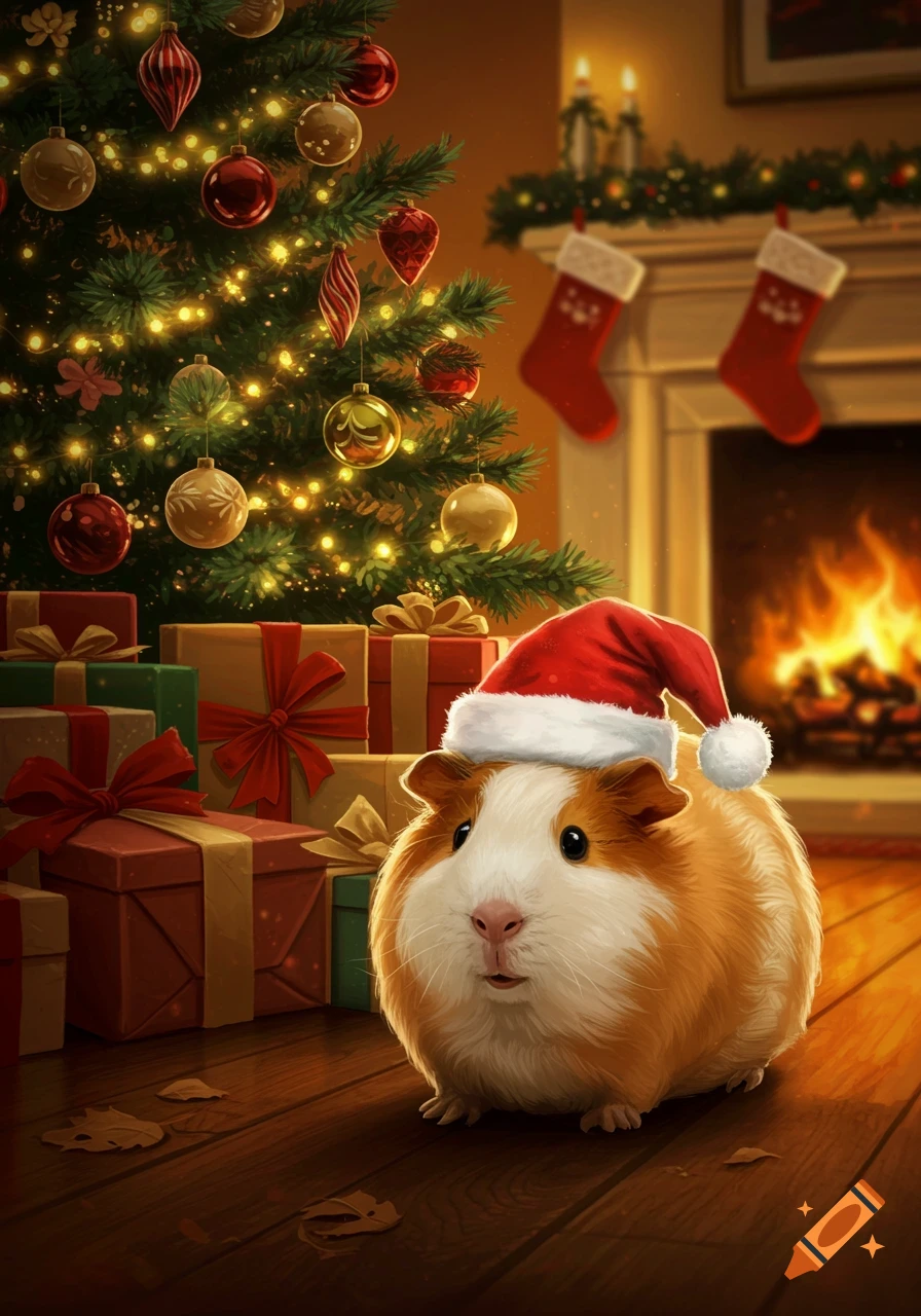 A cute brown and white guinea pig wearing a tiny Santa hat sits on a wooden floor next to Christmas presents and a decorated tree.
