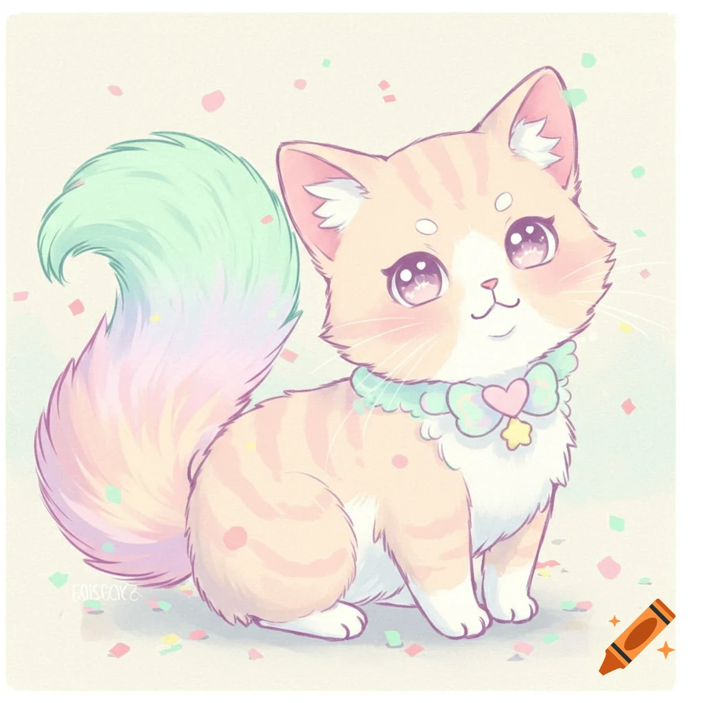 A cute, pastel orange tabby cat with a rainbow-colored fluffy tail and large, sparkly anime eyes looks forward, surrounded by colorful confetti.