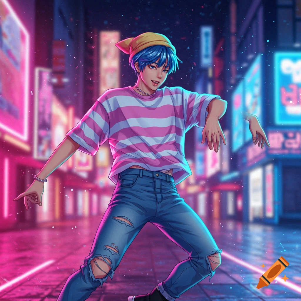 A k-pop guy with blue hair, yellow hat, and a pink striped shirt dances in ripped jeans on a neon-lit city street at night in an anime style.
