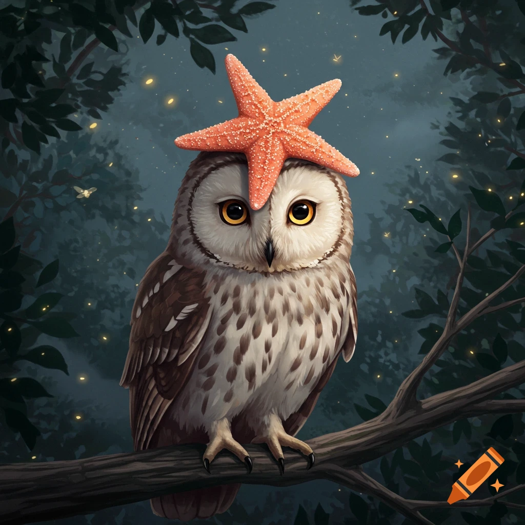 A cute owl with a starfish on its head sits on a tree branch in a dark, glowing forest at night.