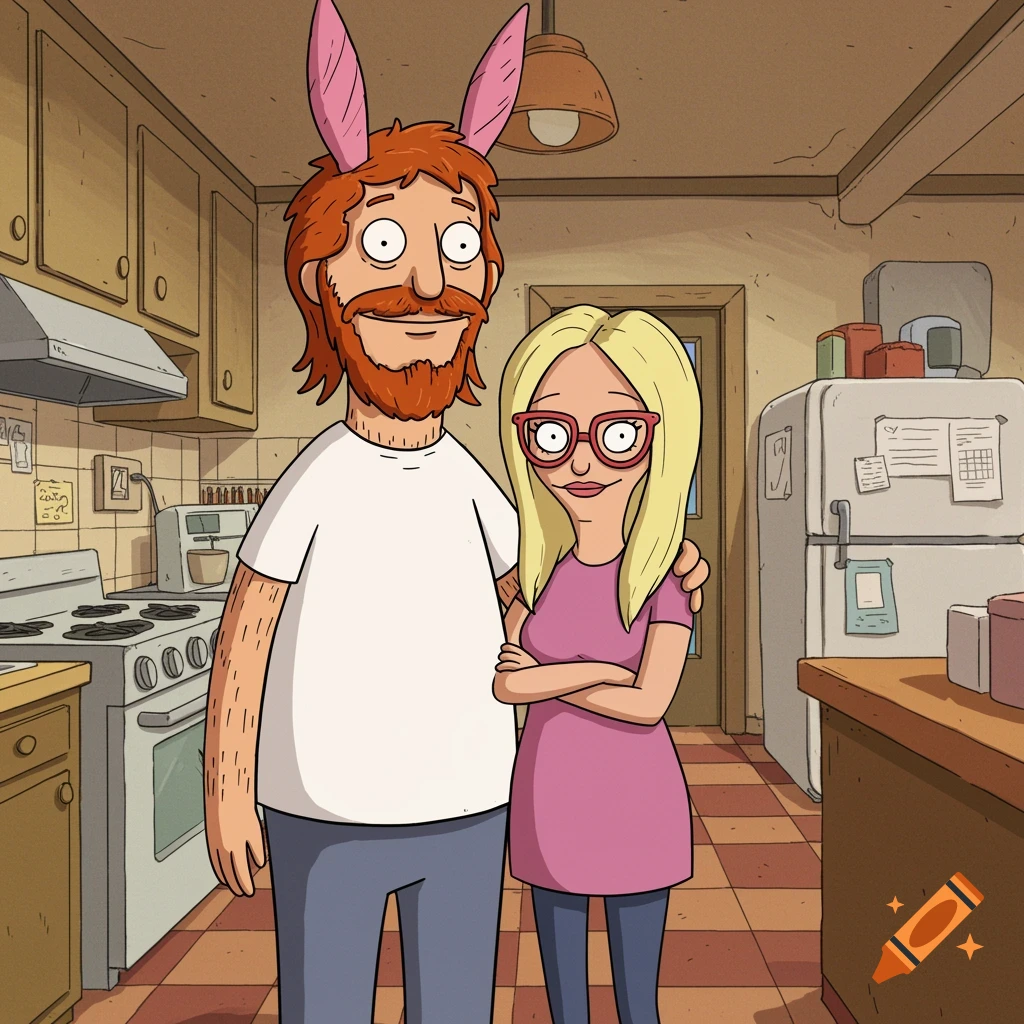 Bob's Burgers style illustration of a red-bearded man with bunny ears and a blonde woman with glasses in a kitchen.