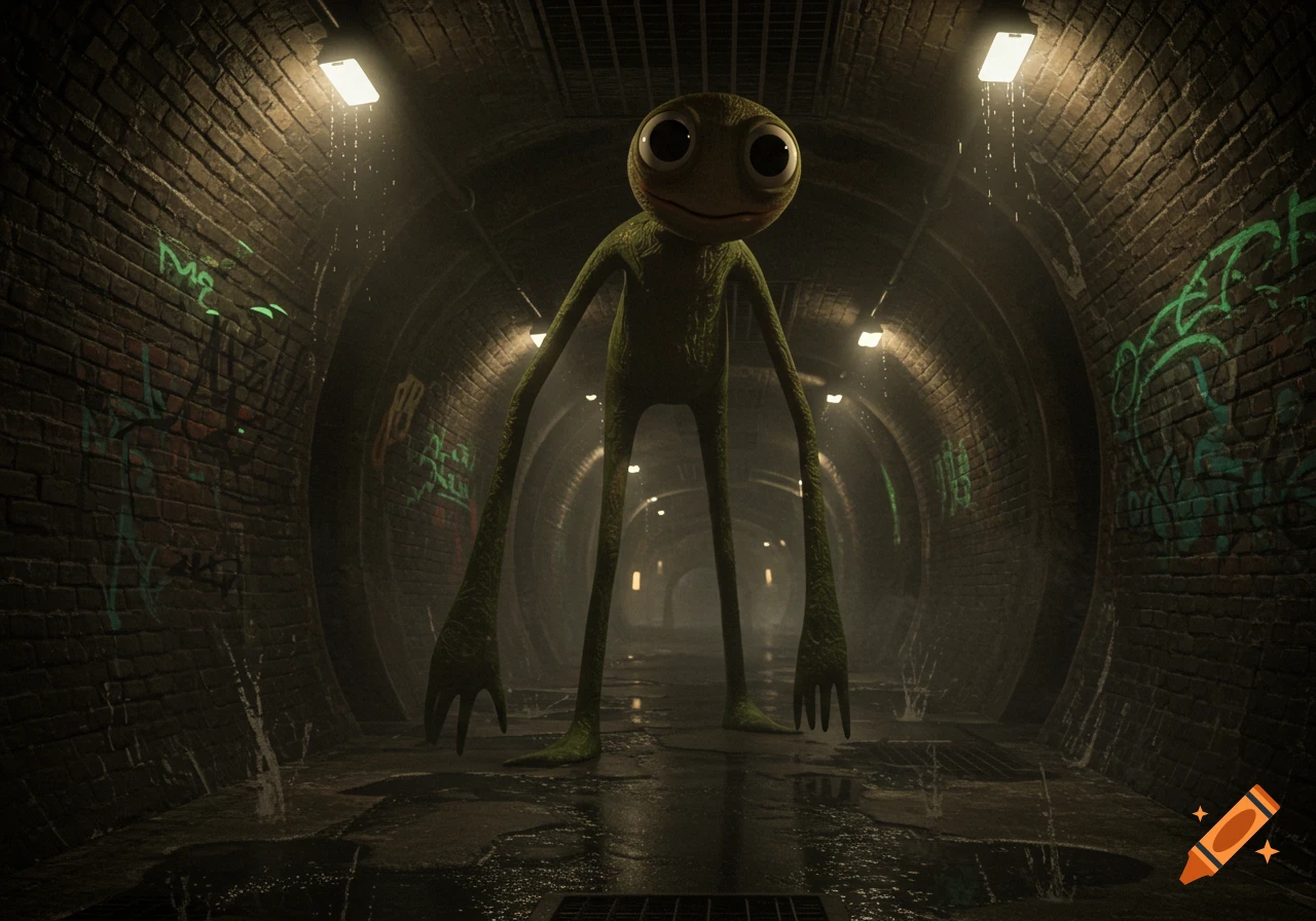 A tall, skinny green creature with large eyes stands in a dark, wet sewer tunnel with graffiti-covered brick walls and dripping lights.