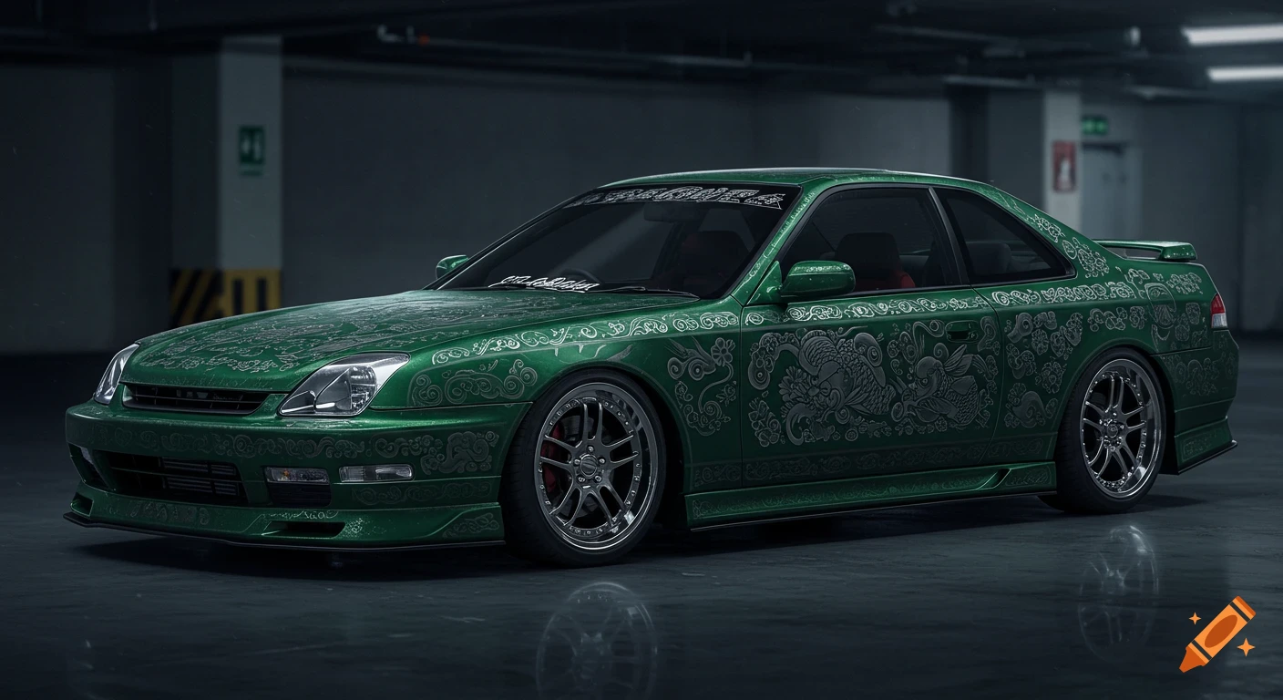 A custom deep green Honda Prelude with intricate silver engraved Japanese tattoo-style patterns in an underground garage.