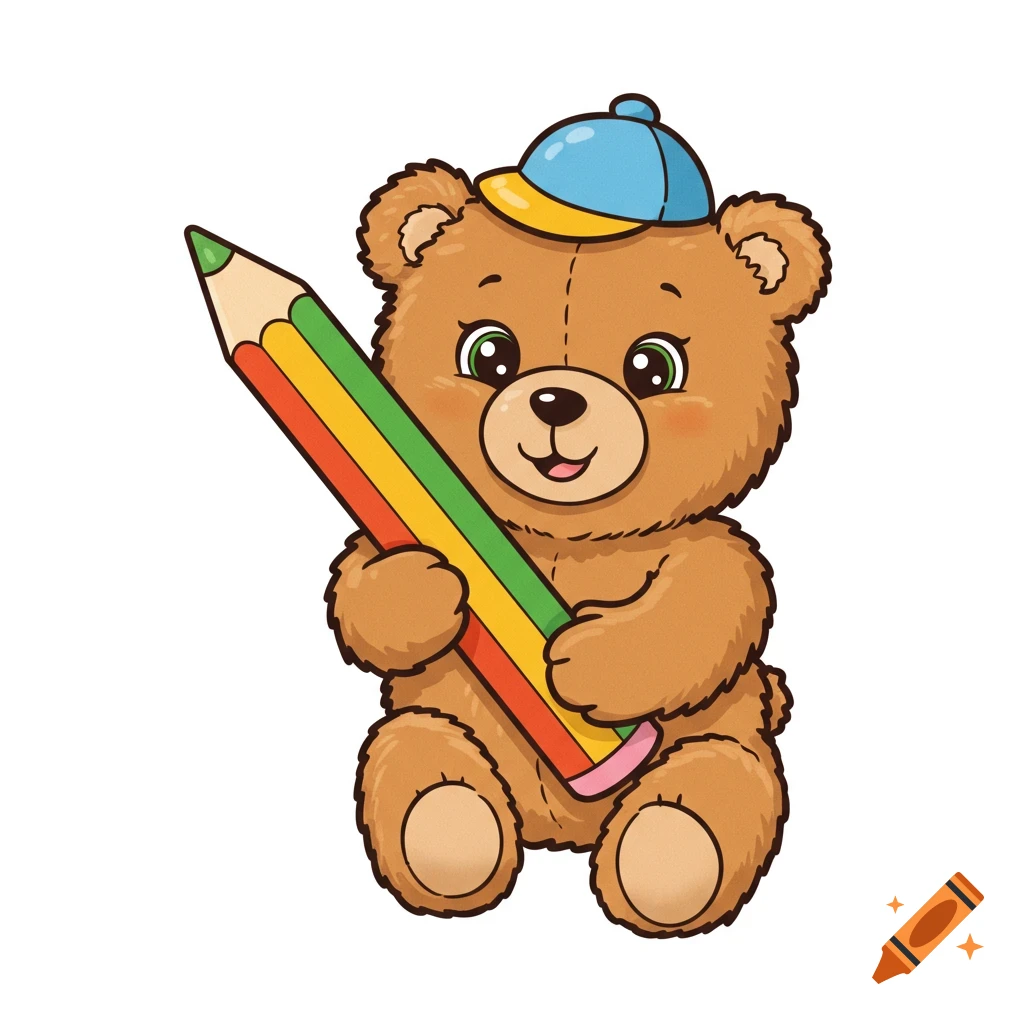 A cute brown cartoon teddy bear wearing a blue and yellow hat, holding a large red, yellow, and green pencil.