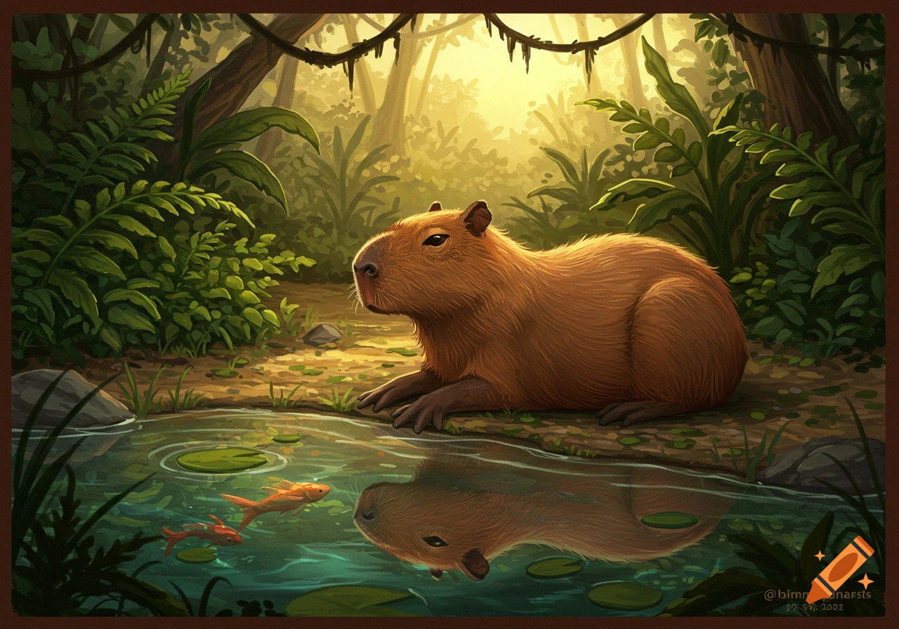 An illustration of a brown capybara resting by a pond with two goldfish, in a lush, sunlit jungle.