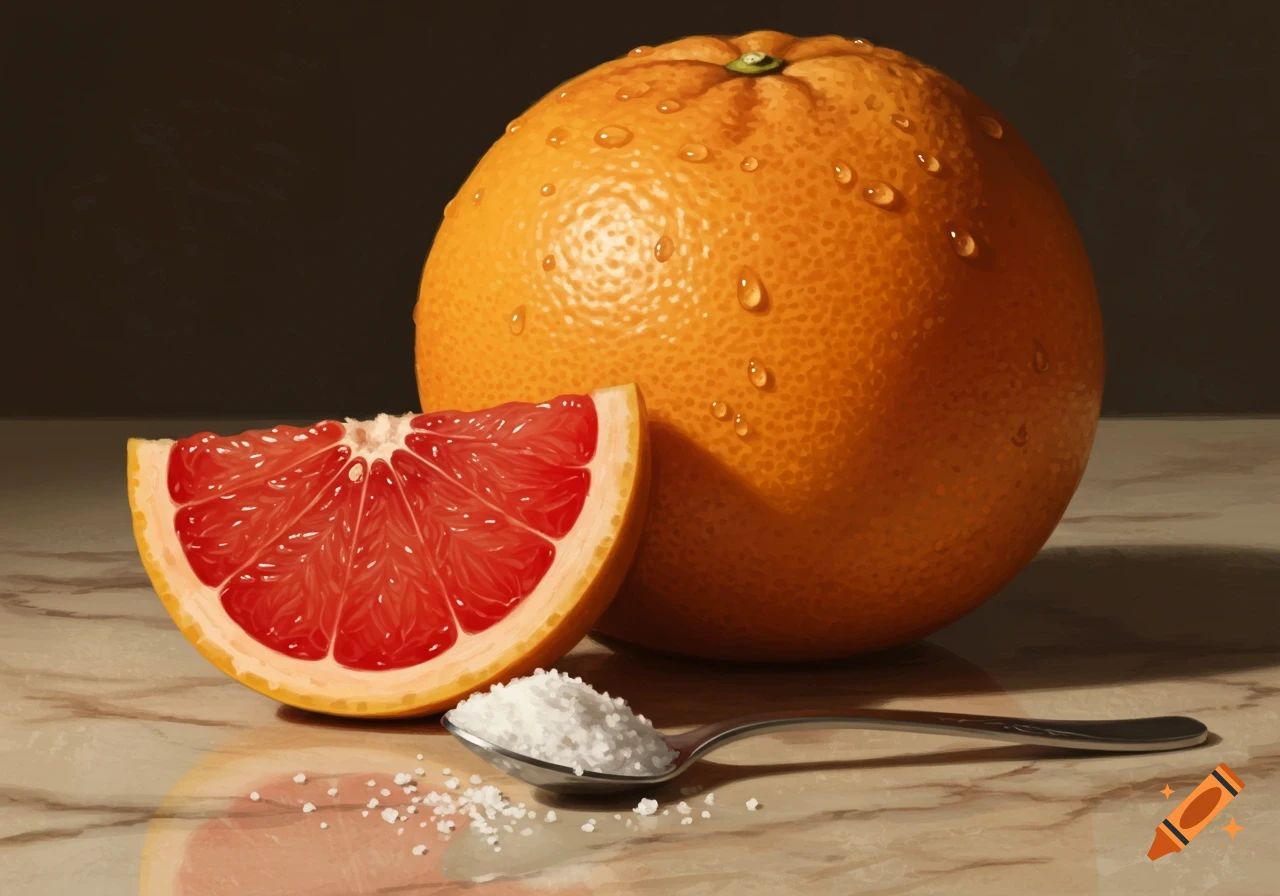 A photorealistic image of a whole grapefruit and a grapefruit slice next to a spoon with salt on a marbled surface.