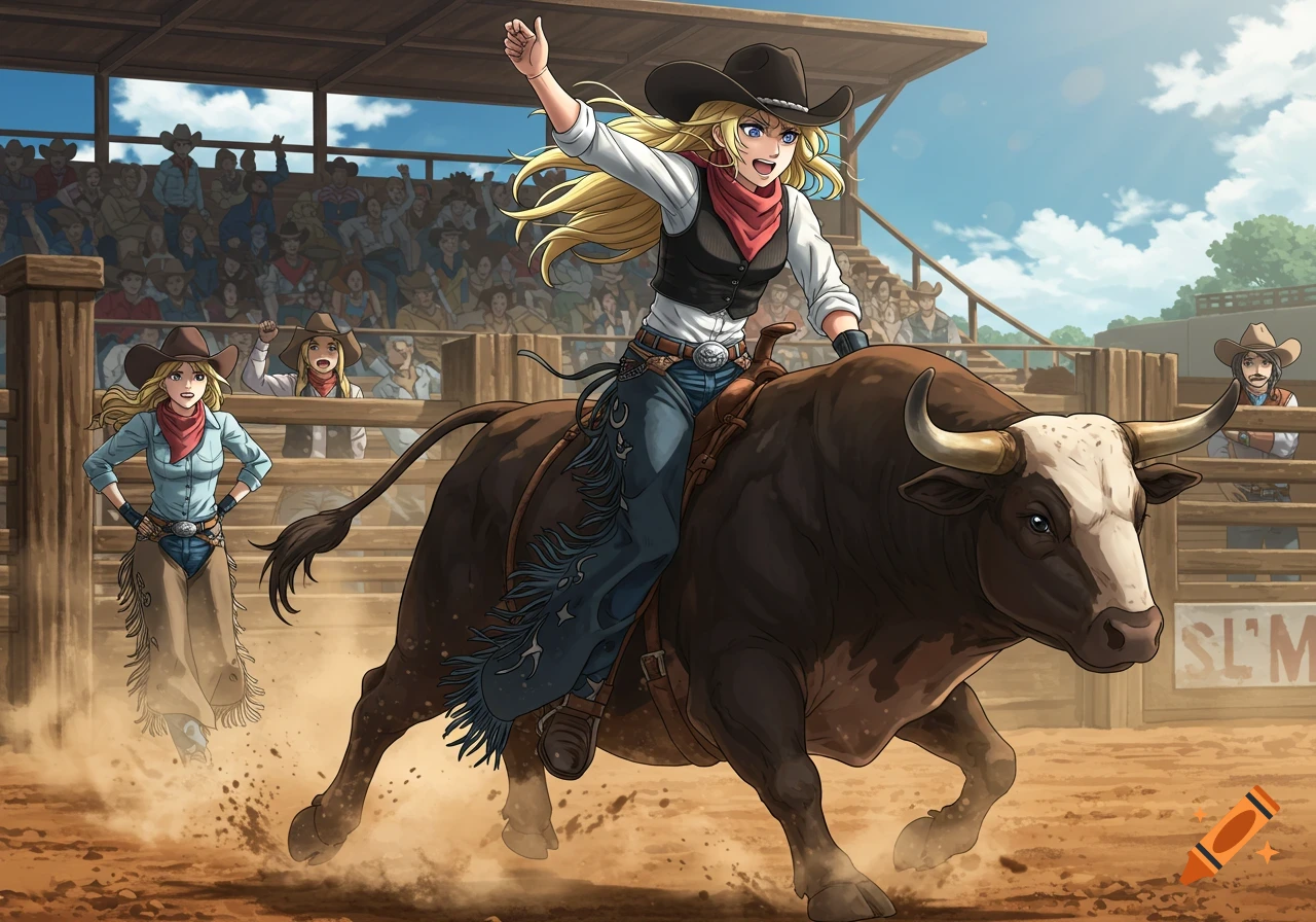 Anime cowgirl in a black hat rides a bucking bull in a dusty rodeo arena with spectators.