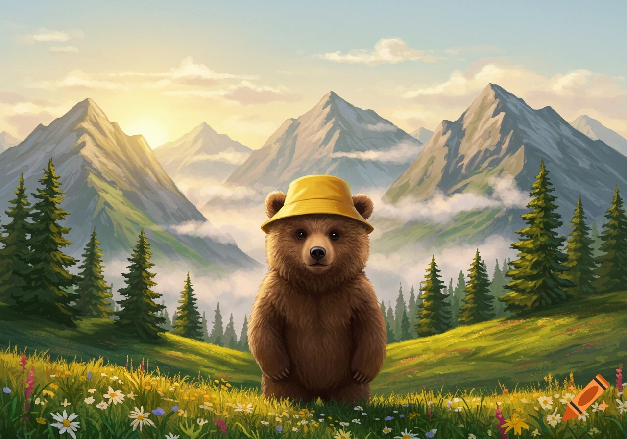 A cute brown bear wearing a yellow bucket hat stands in a grassy mountain meadow with wildflowers under a sunrise sky, stylized illustration.