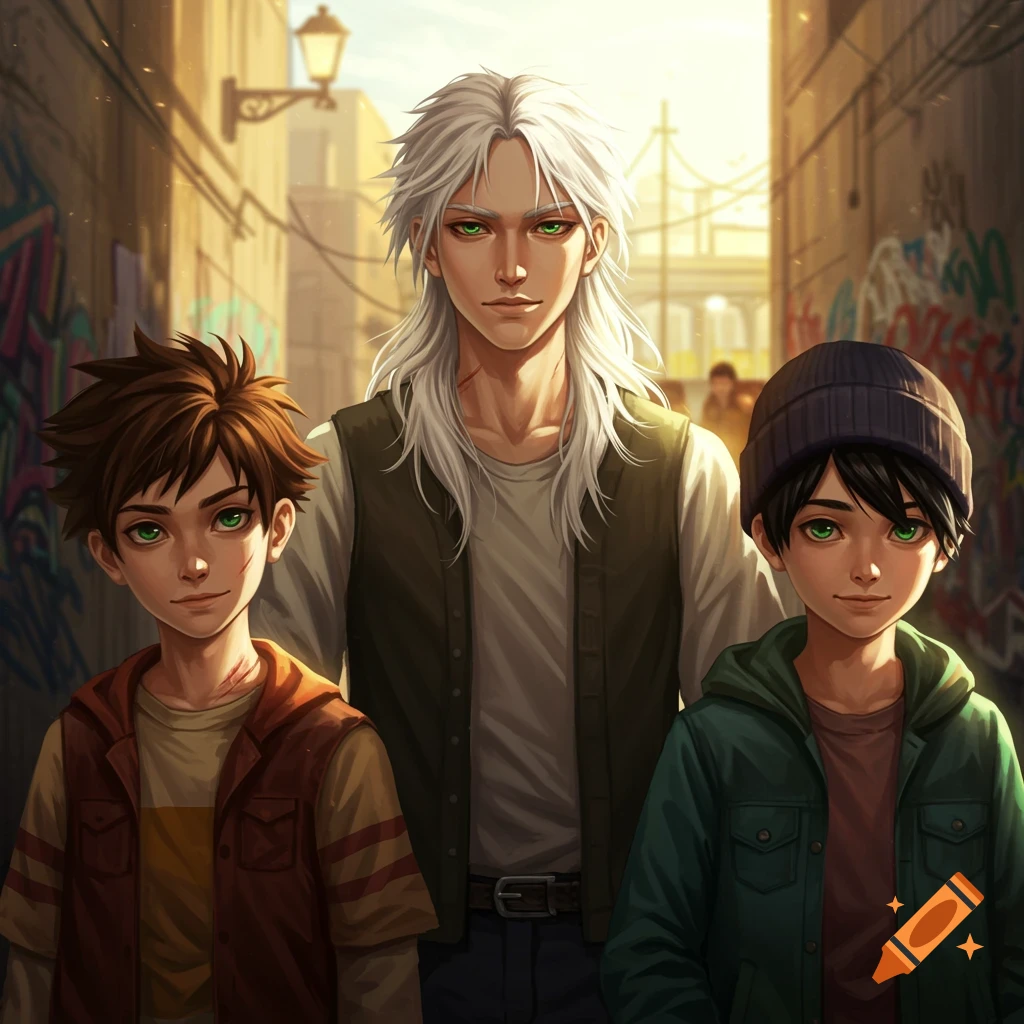 An anime illustration of a tall man with white hair and two boys, one with brown hair and a scar and one with a beanie, all with green eyes, in a sunny alley.