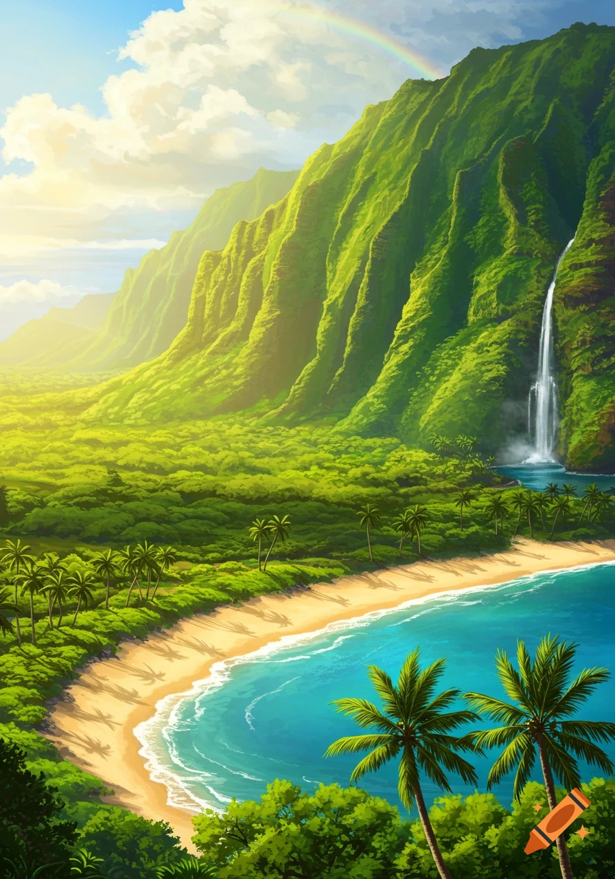 Vibrant illustration of a lush tropical bay with green mountains, a waterfall, sandy beach, turquoise ocean, and palm trees under a rainbow.