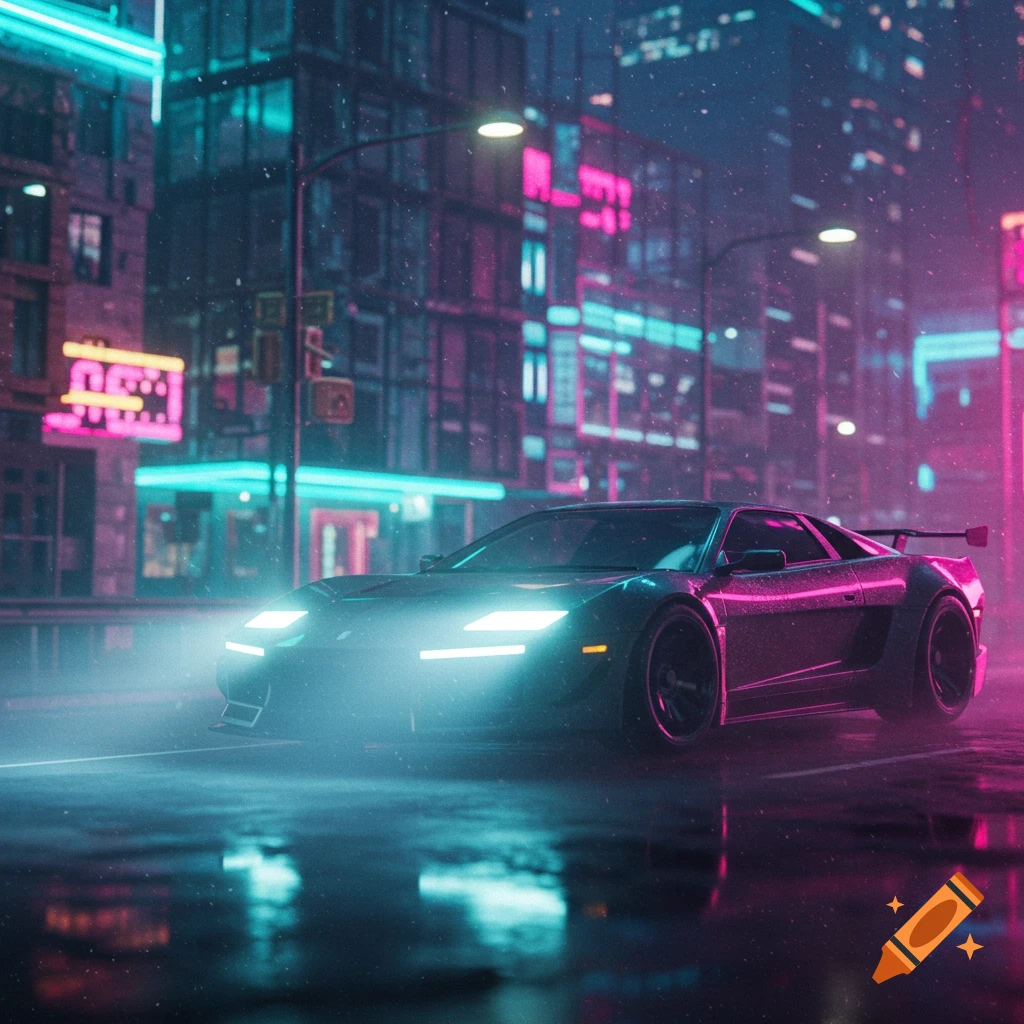A sleek car with bright headlights on a wet city street at night, illuminated by neon pink and blue lights from surrounding buildings.