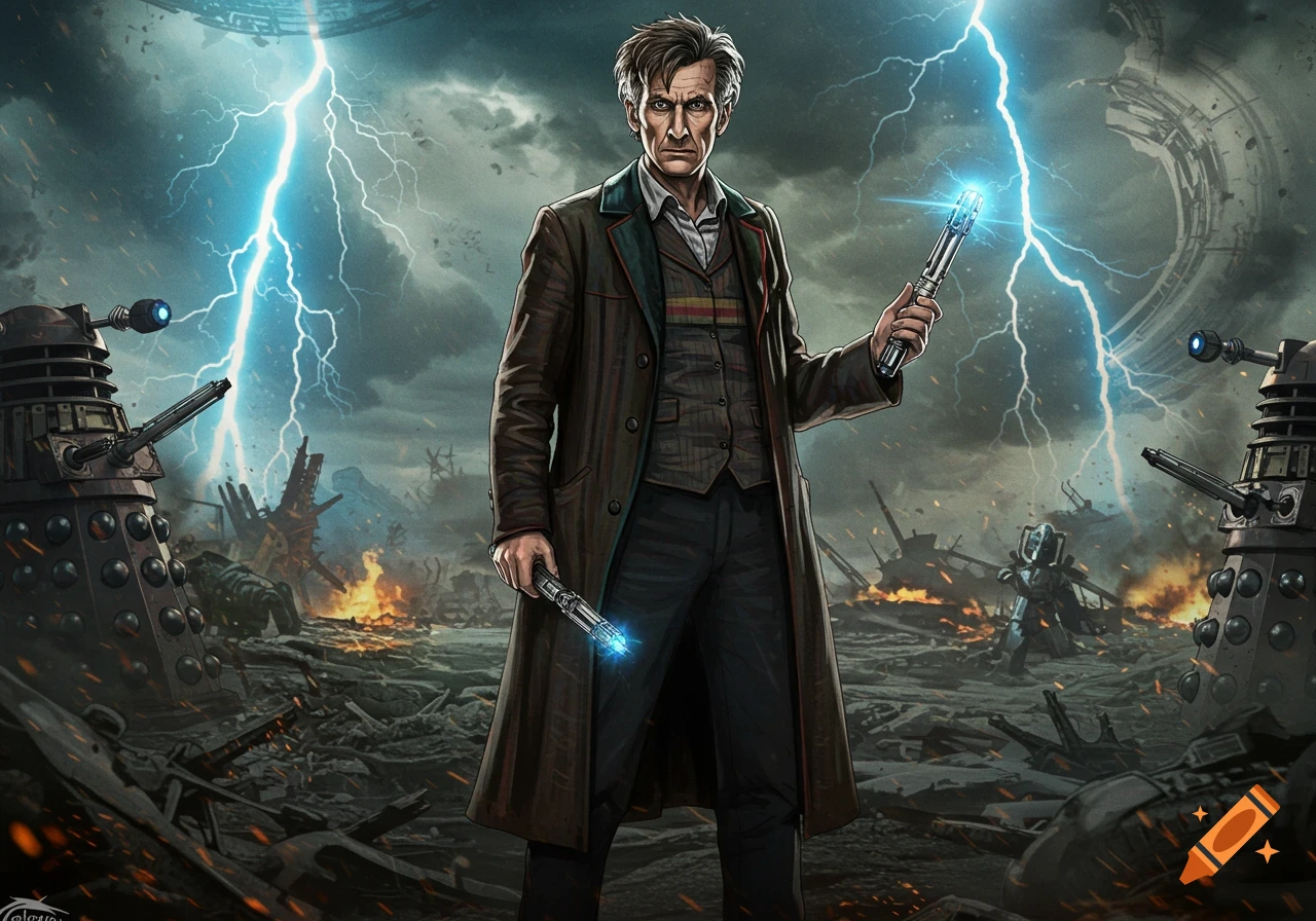 A man resembling the Tenth Doctor stands amidst a destroyed landscape with Daleks and lightning, holding two sonic screwdrivers in an illustrative style.