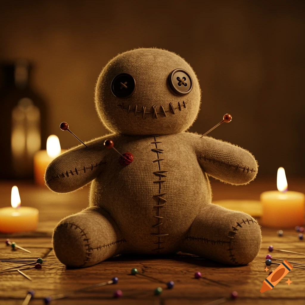 A cute, chubby voodoo doll made of burlap fabric sits on a wooden surface, surrounded by pins and lit candles, in a dimly lit setting.
