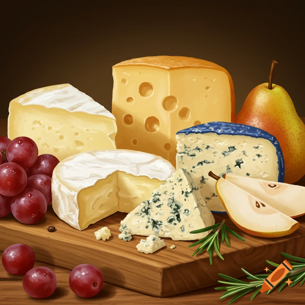 A still life illustration of various cheeses, red grapes, and sliced pears on a wooden board.