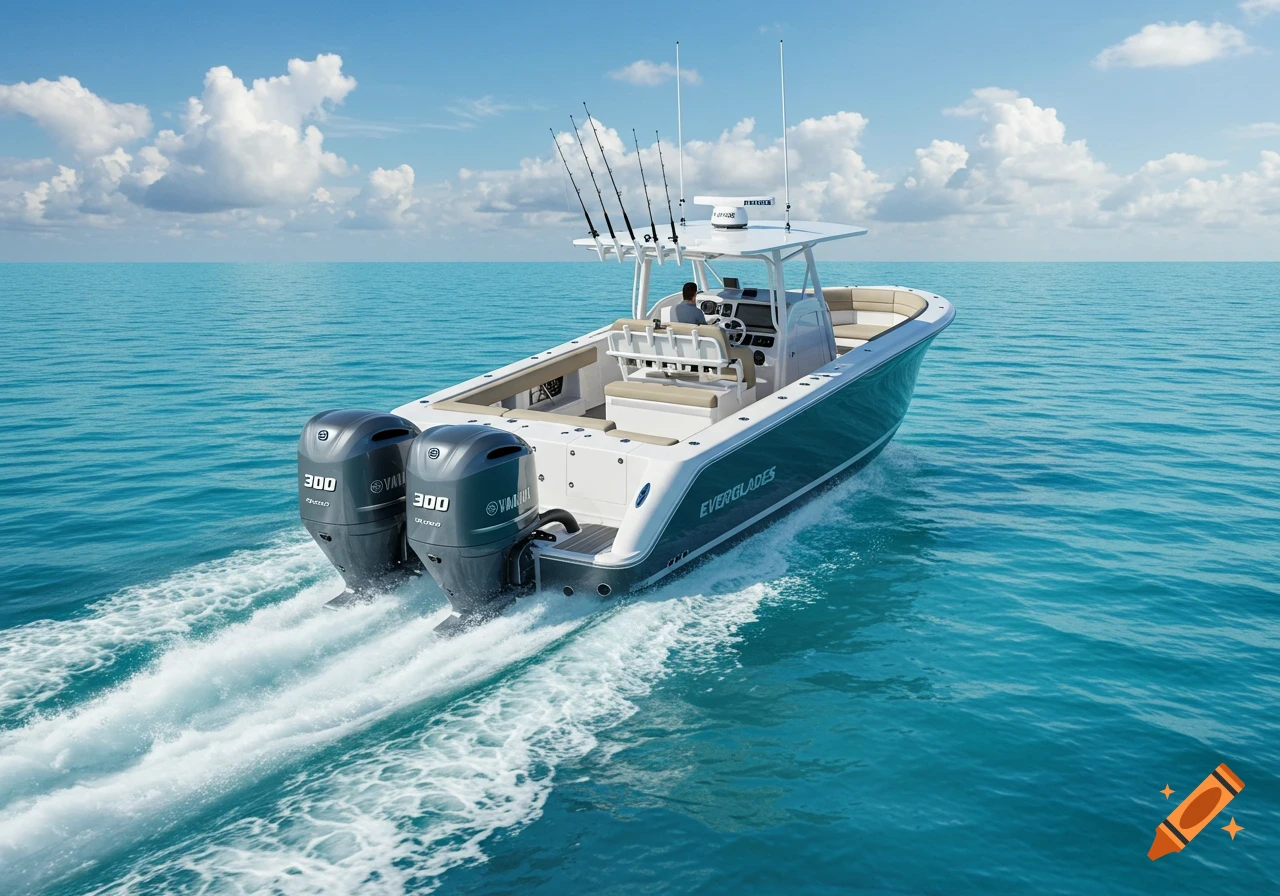 A white and teal offshore boat with two large gray Yamaha outboard motors speeding across calm turquoise water under a blue sky with white clouds.