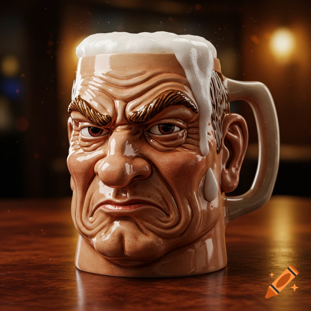 A close-up of a ceramic beer mug shaped like an angry man's head, overflowing with frothy white beer foam on a wooden table.