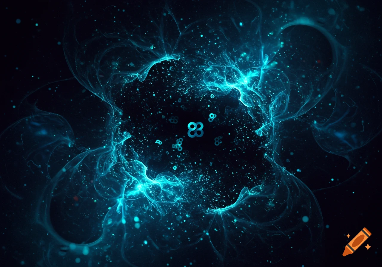 Abstract turquoise glowing energy and particles swirl on a dark background, with central 'o8' symbols.