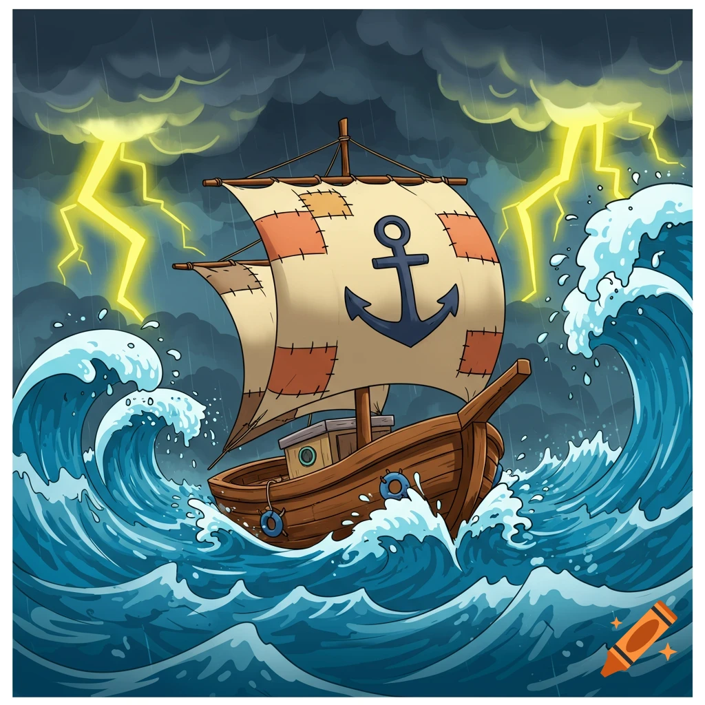 A cartoon boat with an anchor on its sail navigates large waves under a stormy sky with lightning.