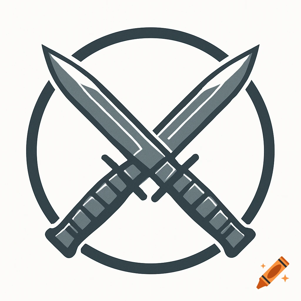 A graphic logo featuring two crossed grey bayonet knives centered within a dark grey circle on a white background.