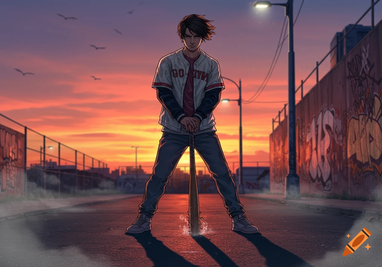 An anime-style male character in a baseball jacket holds a bat in a street at sunset, with graffiti-covered walls.