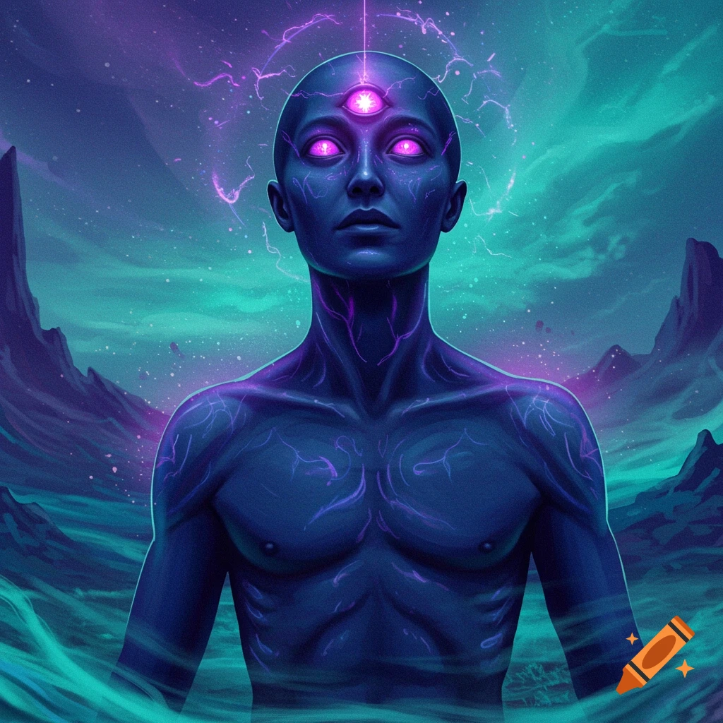 A stylized illustration of a humanoid alien figure with glowing purple eyes and a third eye on its forehead, set against a vibrant blue and purple cosmic background with floating rocks and ethereal mist.