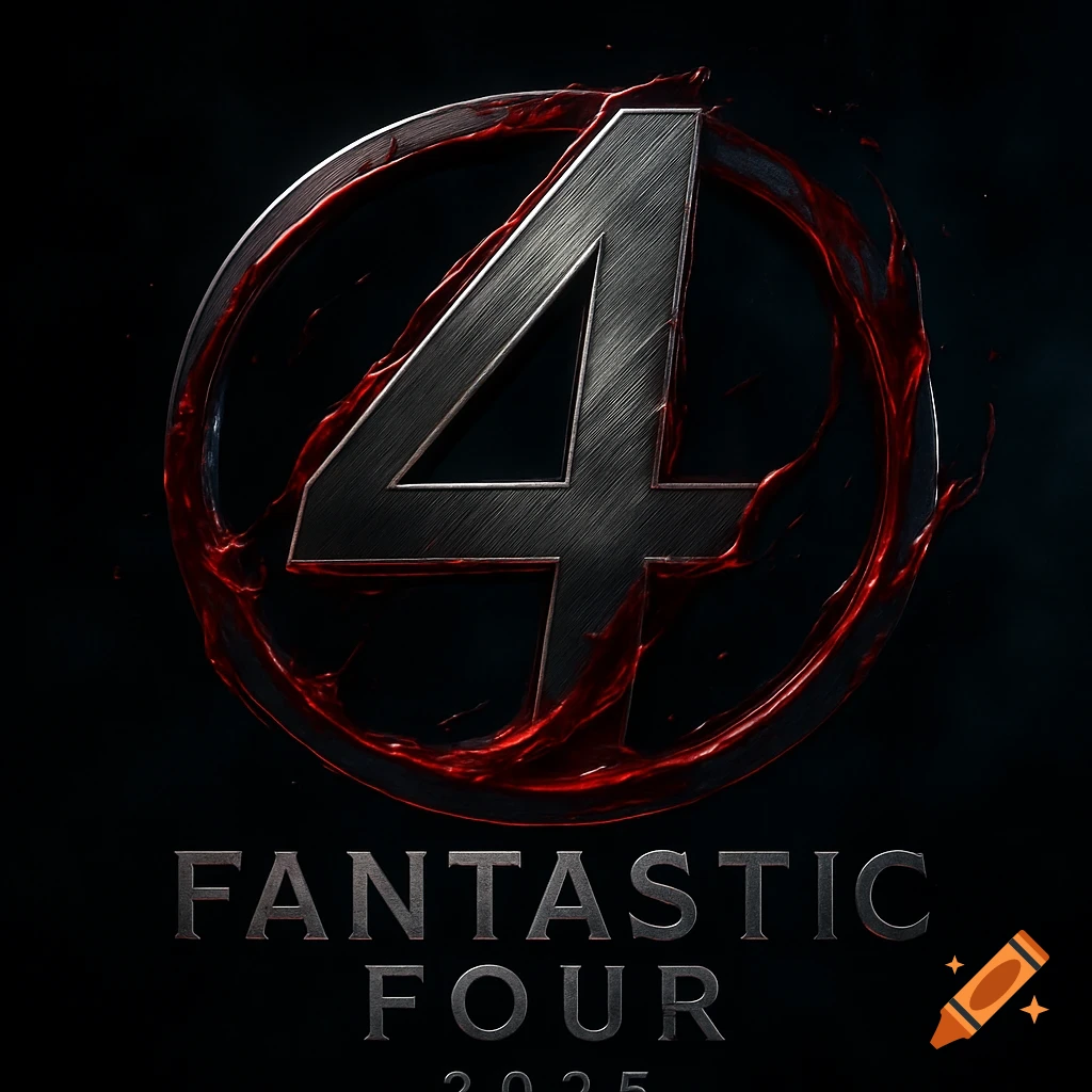 A dark, gritty logo for Fantastic Four 2025, featuring a metallic '4' encircled by stylized red liquid.