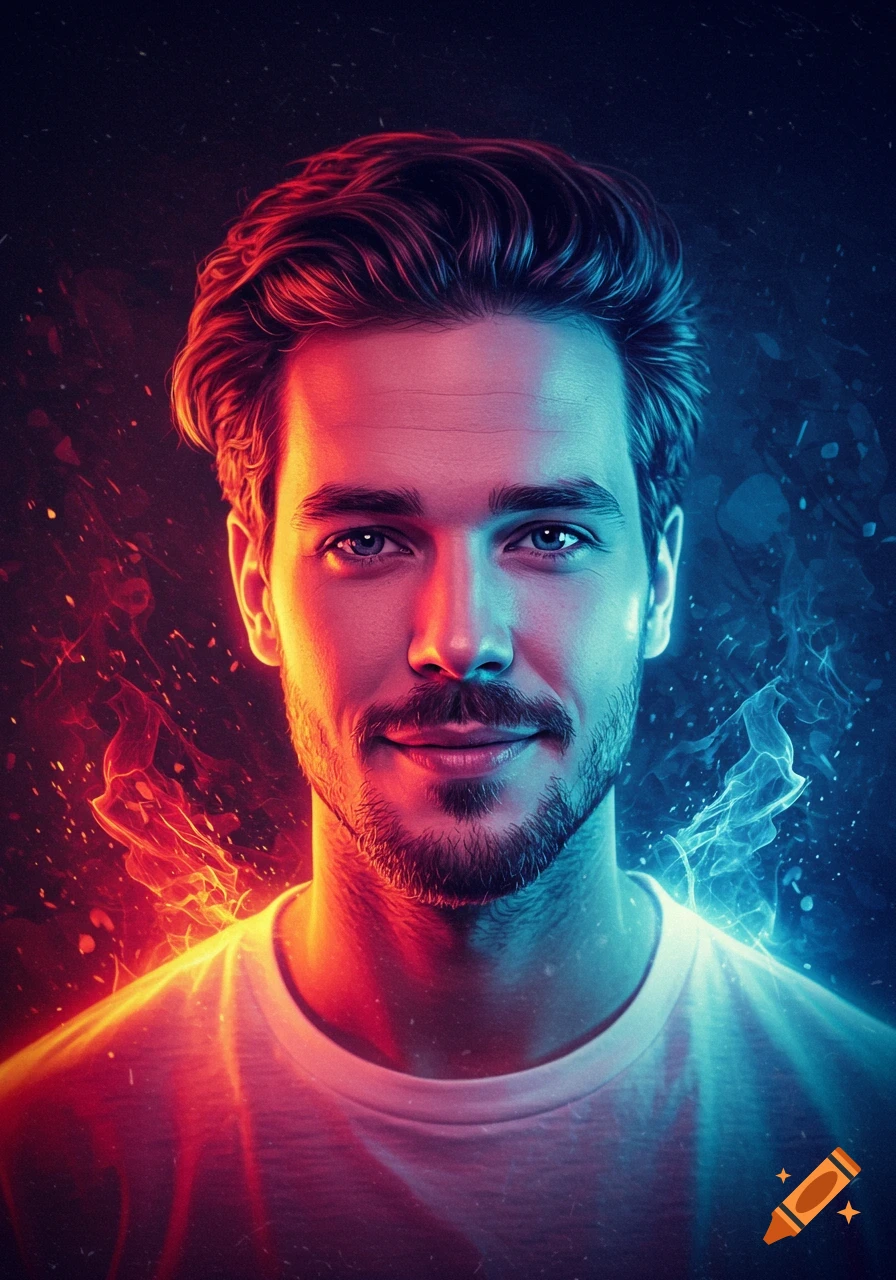 A man with a beard and mustache, lit with glowing red light on the left and blue light on the right against a dark background.