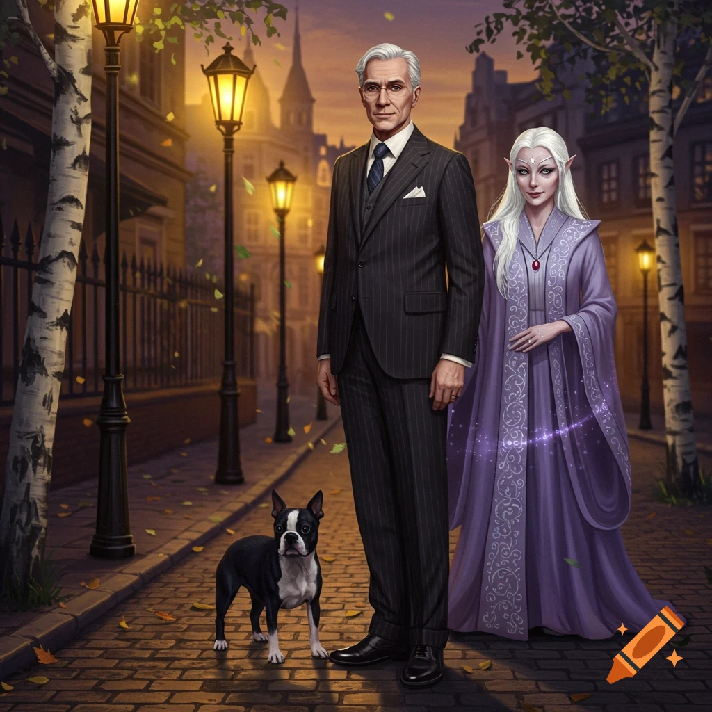 A dapper man, a white-haired elf-like woman in a purple gown, and a Boston terrier stand on a cobblestone street at dusk.