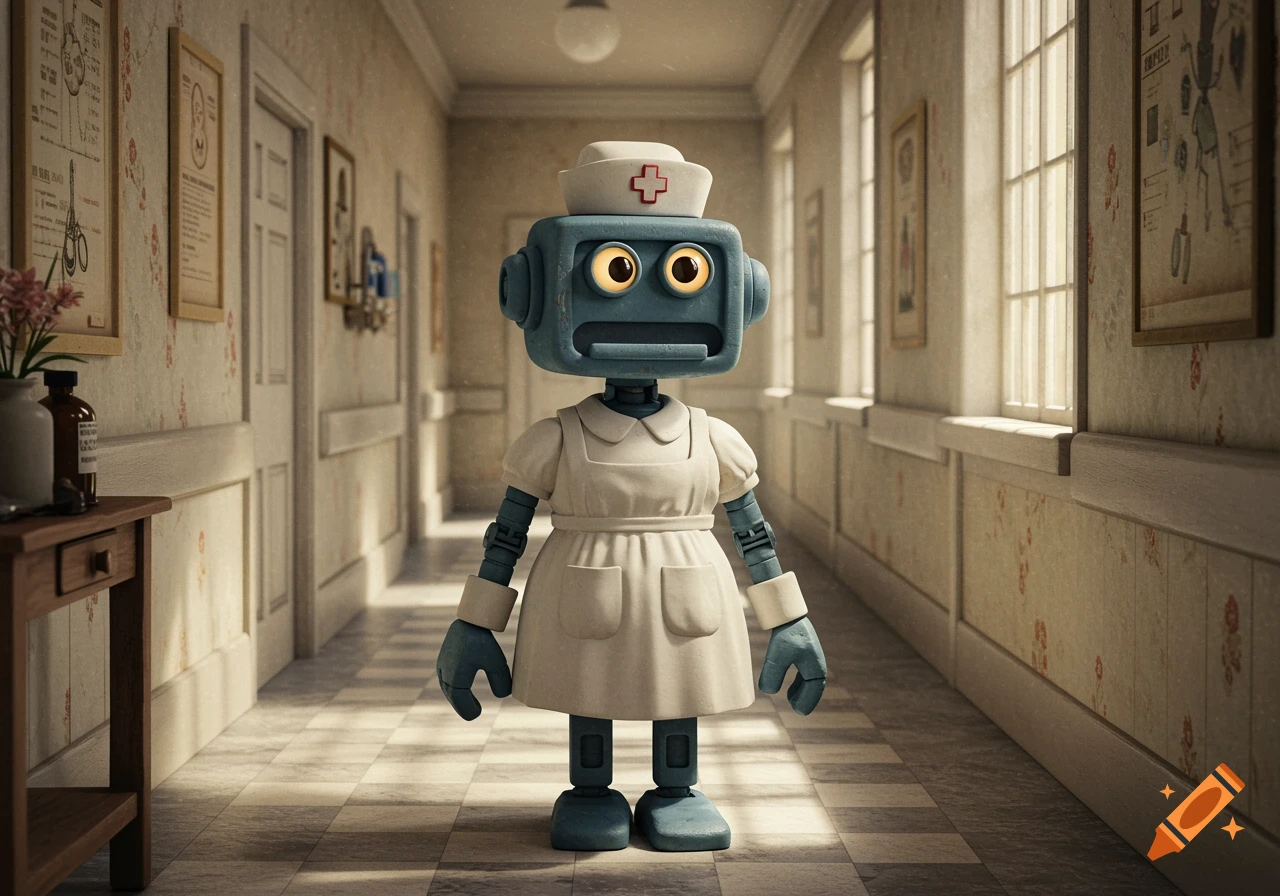 A blocky blue robot dressed as a nurse with a white dress and cap stands in the middle of a vintage-style hospital corridor.