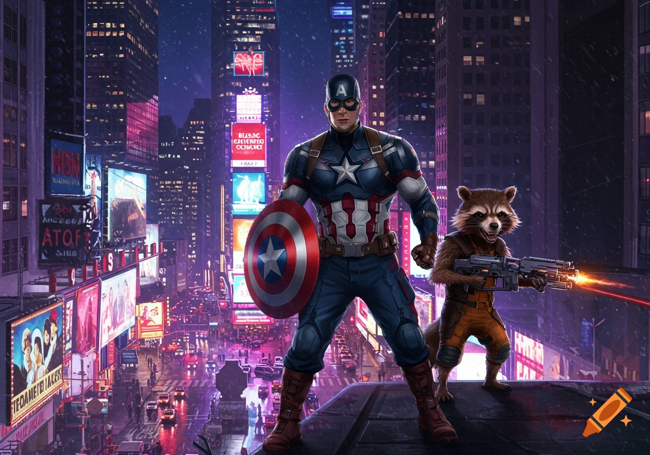Captain America and Rocket Raccoon stand on a rooftop overlooking a neon-lit New York City at night, Rocket firing a weapon.
