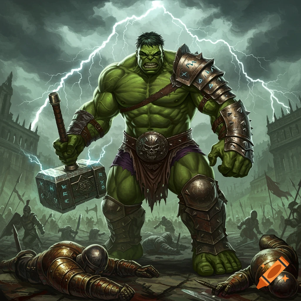 World War Hulk in gladiator armor holds a large hammer amidst defeated soldiers in a stormy, ruinous landscape, in a fantasy art style.