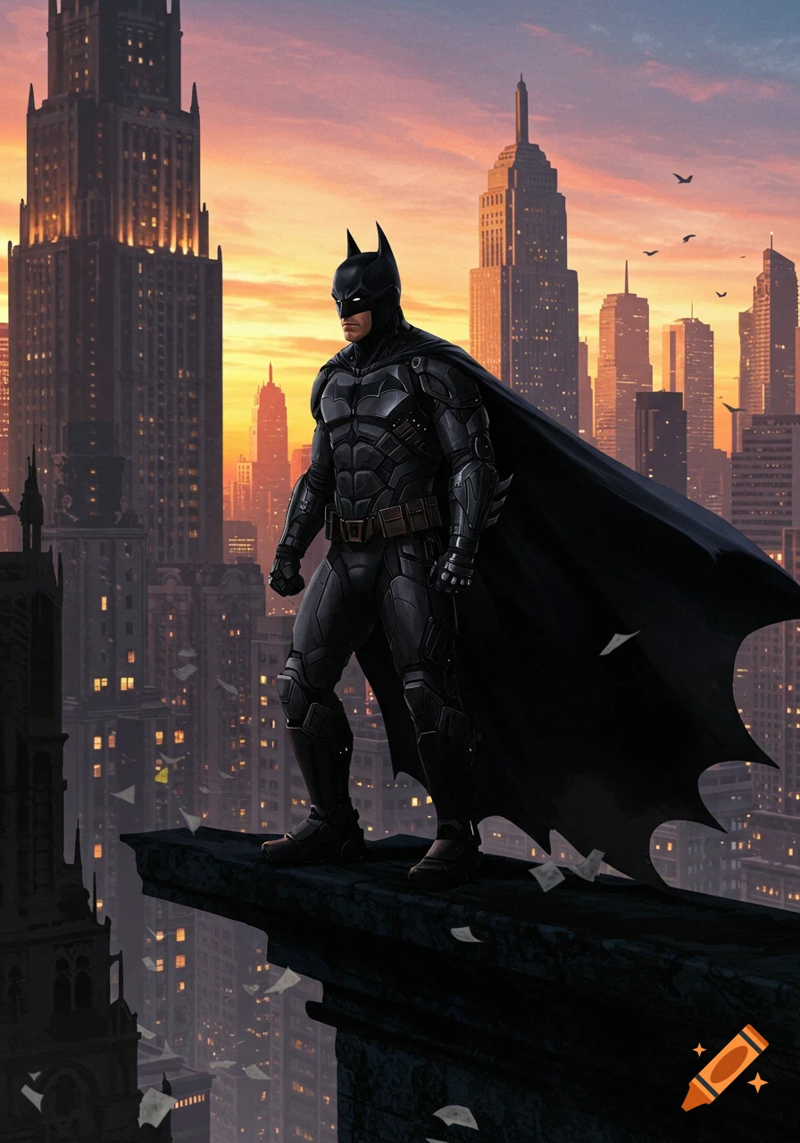 Batman stands on a gargoyle overlooking a futuristic city at sunset, with papers blowing around him.