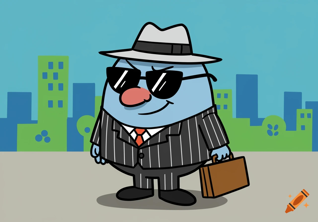 A cartoon character in the style of Mr. Men, light blue and round, wearing a pinstripe suit, fedora, and sunglasses, carrying a briefcase in a city.