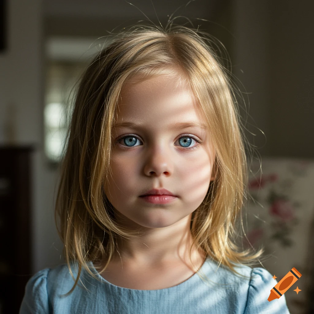 Close-up portrait of a young girl with blonde hair and striking blue eyes, with sunlight casting striped shadows across her face.