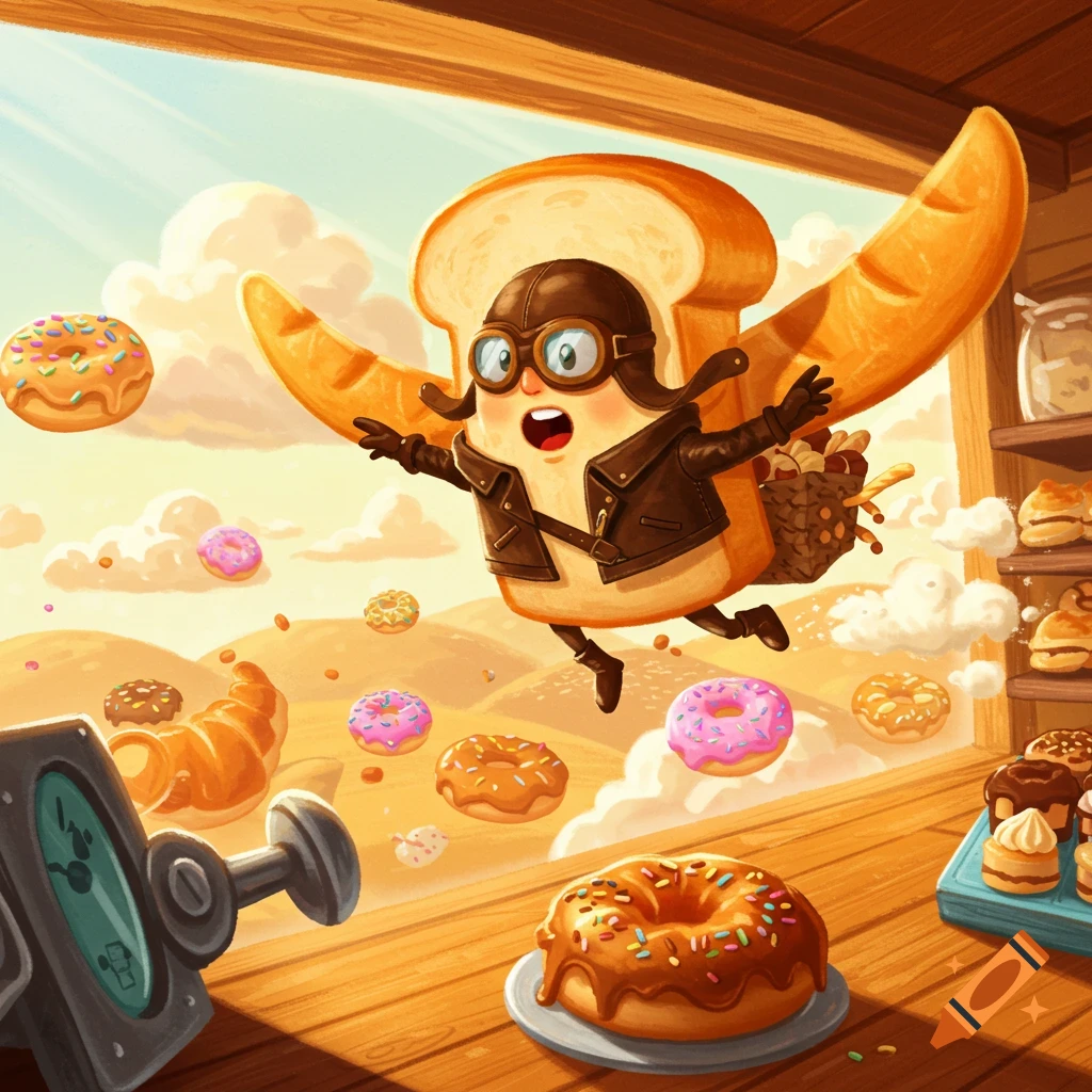 Whimsical cartoon illustration of a flying slice of bread pilot with baguette wings, carrying a basket, among floating donuts and pastries in a bakery.