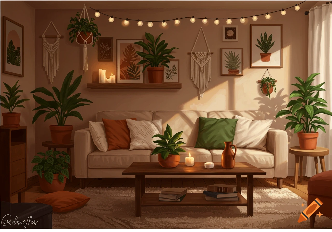 A cozy, modern rustic living room with a beige sofa, green and orange pillows, numerous potted plants, wall art, candles, and string lights.
