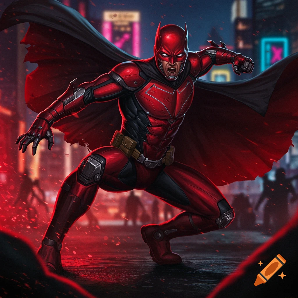 A dynamic comic book illustration of a red and black masked superhero in an aggressive pose on a neon-lit city street.