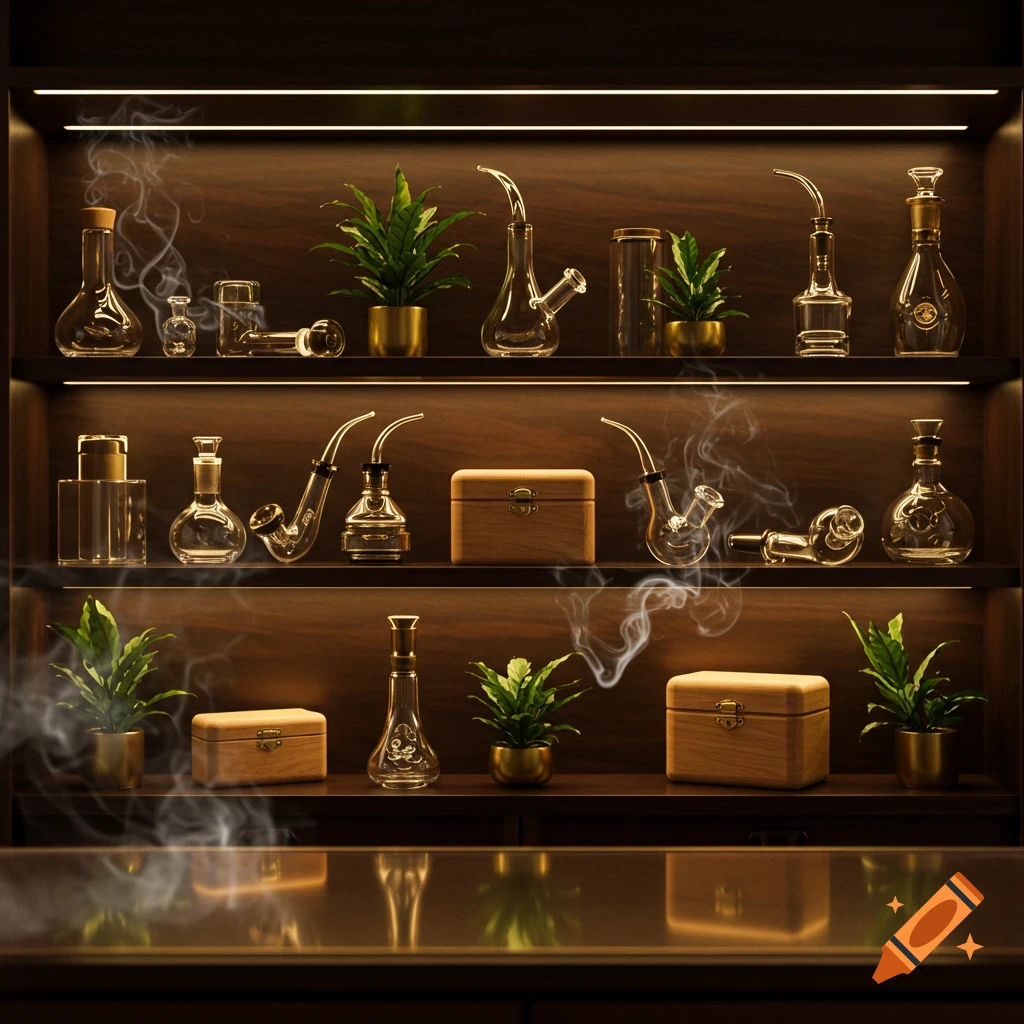 A collection of glass bongs, pipes, and wooden boxes displayed on illuminated wooden shelves, with wisps of smoke.