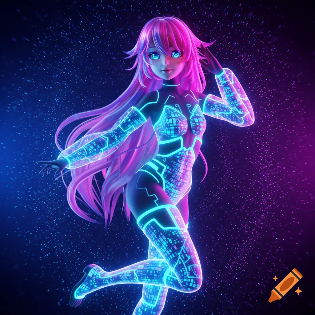 Anime girl with long pink hair and a glowing blue-purple circuit-patterned suit, in a dynamic pose against a dark, starry background.