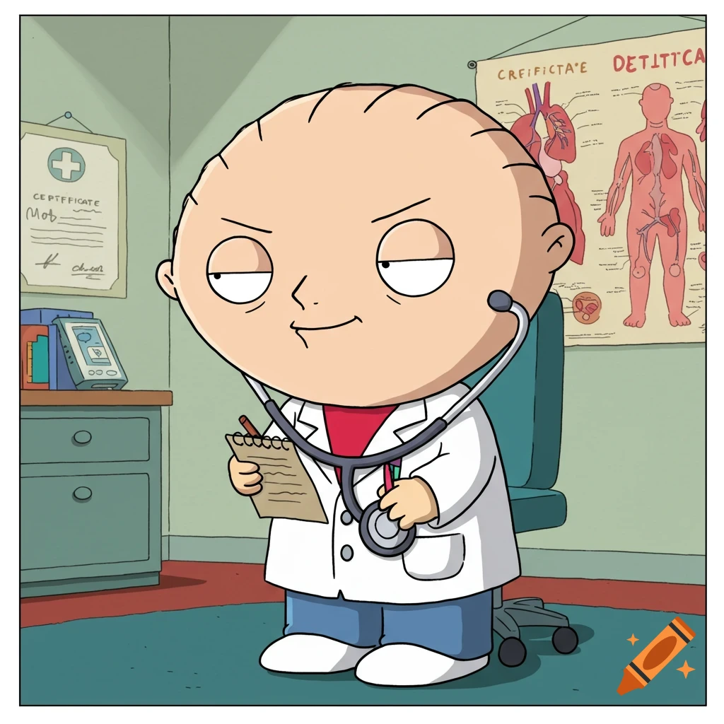 Stewie Griffin from Family Guy dressed as a doctor, holding a notepad and pen, with a stethoscope. Cartoon style.