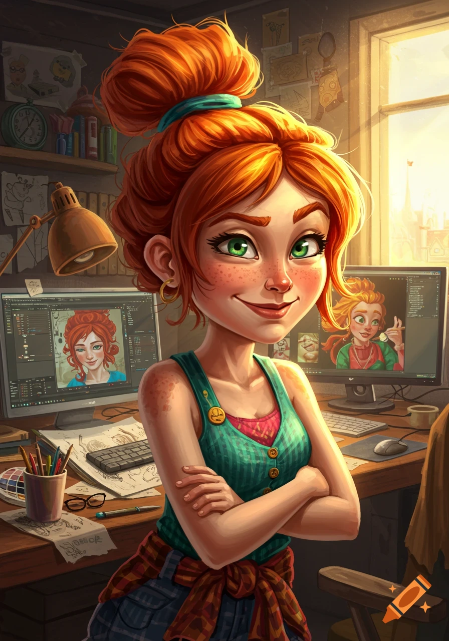 A stylized illustration of a smiling, red-haired woman with green eyes, arms crossed, in a bright graphic design studio.