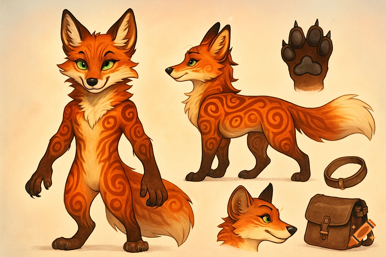 An illustrated reference sheet of an orange fox character with green eyes and brown spiral patterns on its fur, shown in various poses with accessories.