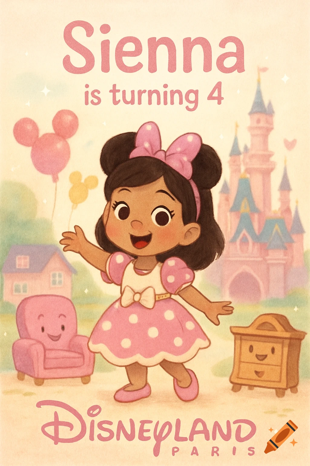 A cartoon girl in a pink polka dot dress in front of a pink Disney castle with Mickey balloons, text 'Sienna is turning 4' and 'Disneyland Paris'.