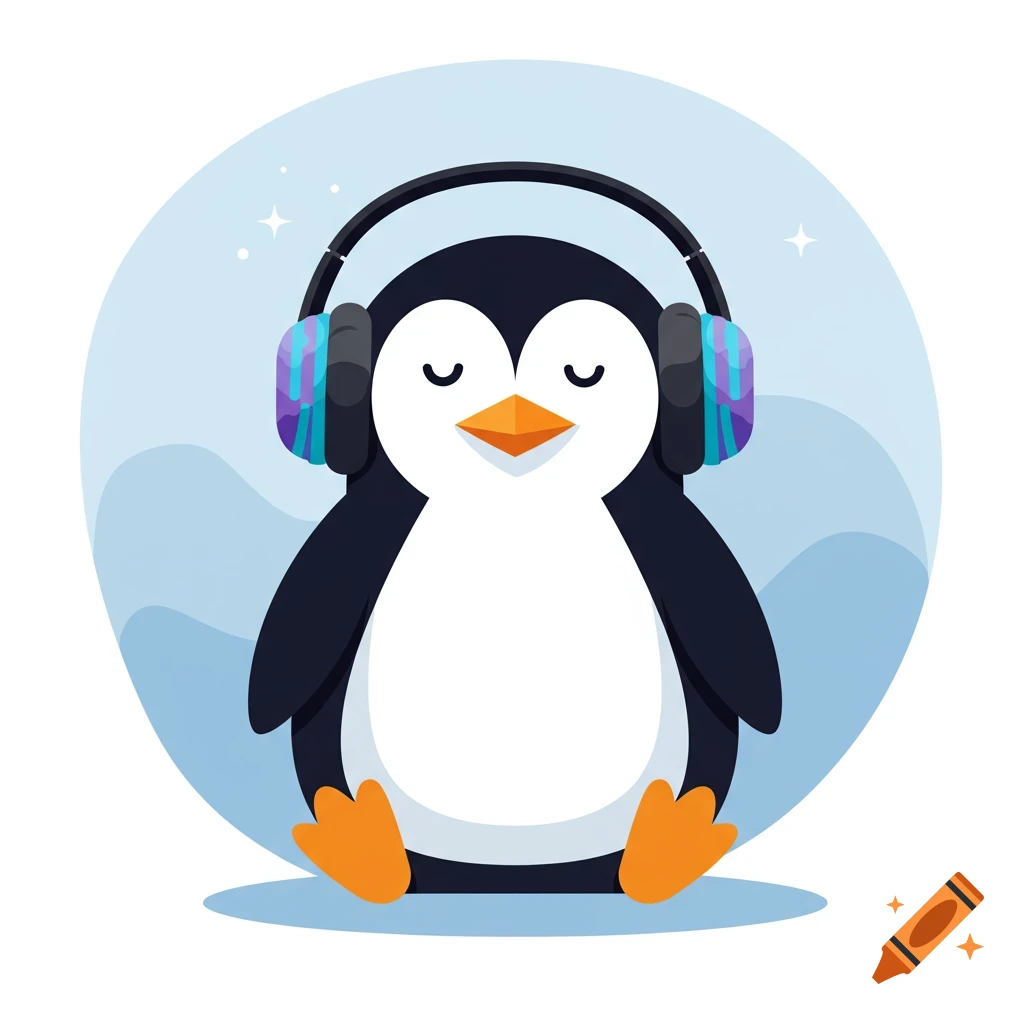 A cartoon penguin wearing black headphones with blue and purple accents, sitting with eyes closed in a minimalist illustration.