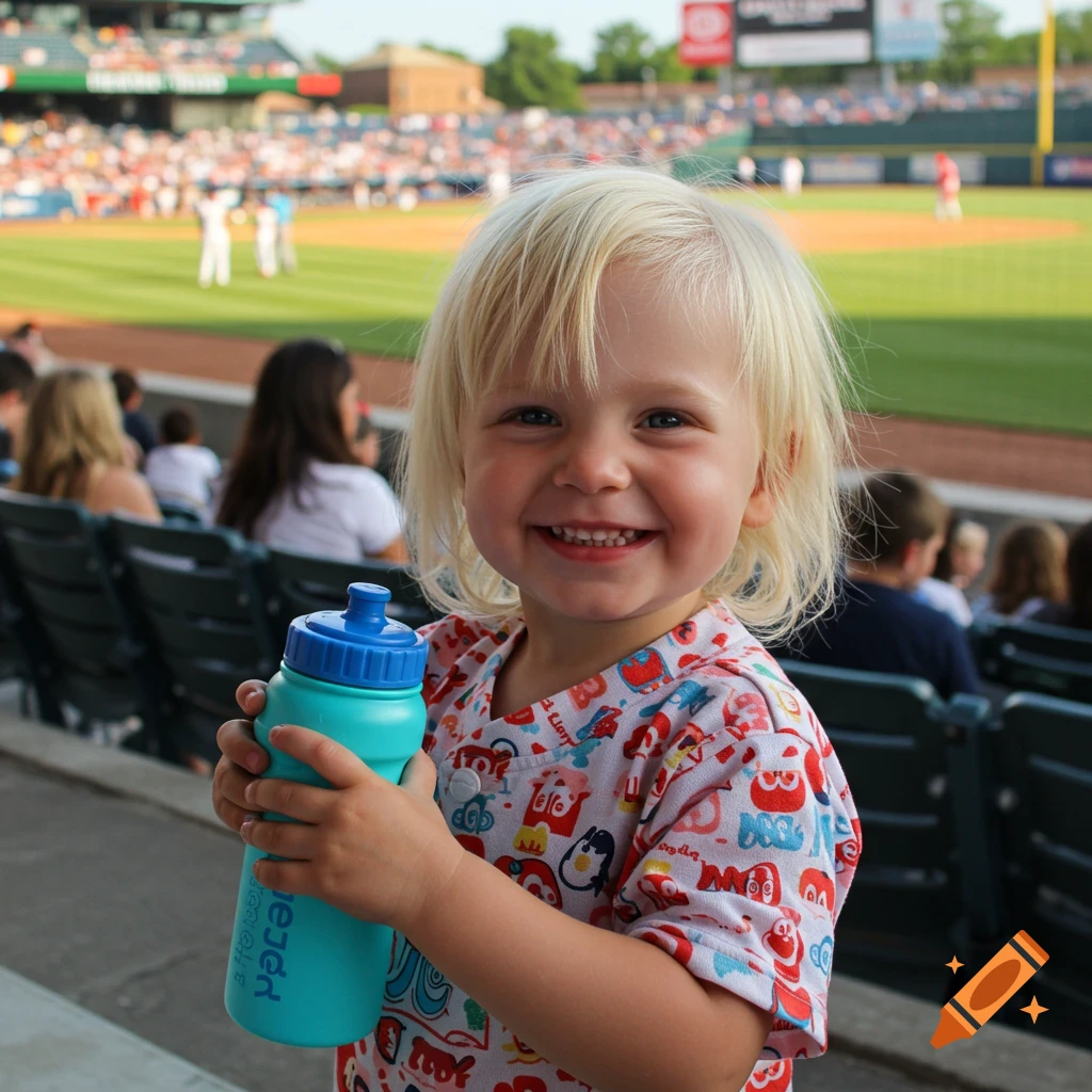 A smiling blonde child holding a turquoise water bottle at a baseball game.