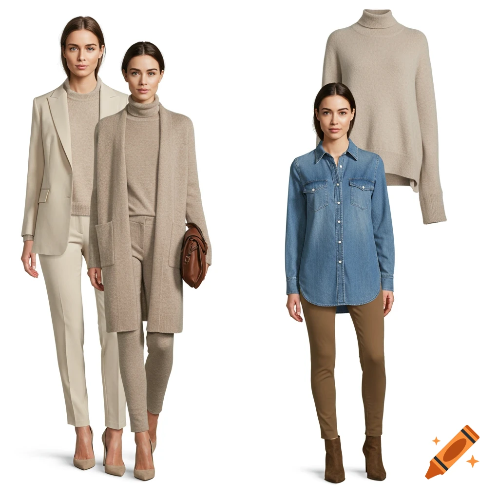 Three women showcase different outfits: one in a beige suit, one in a long beige cardigan and pants, and one in a denim shirt and brown pants. A separate beige turtleneck sweater is also shown.